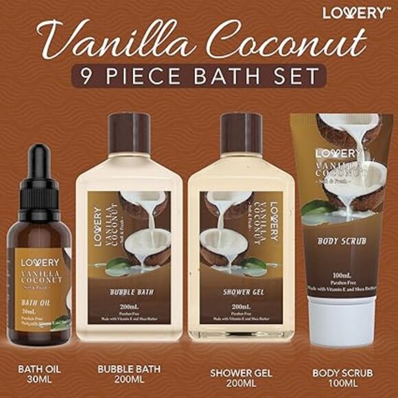 Bath and Body Gift Basket For Women and Men – 9 Piece Set of Vanilla Coconut - Picture 2 of 6